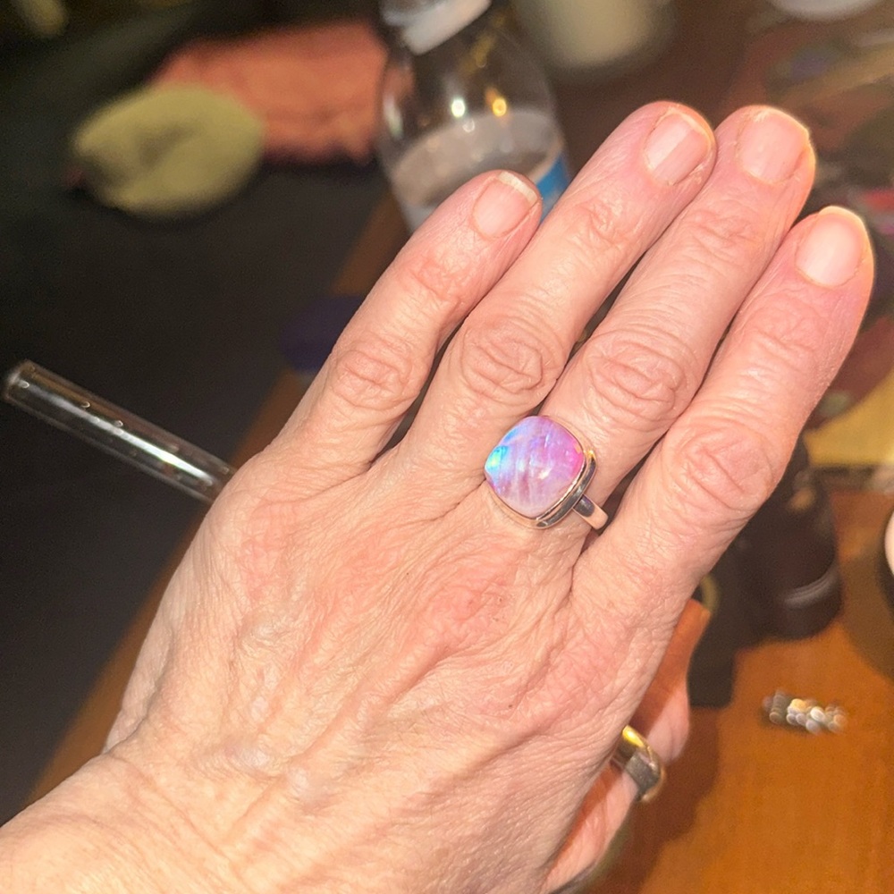 Pink Moonstone large stone 925 silver size 8 - Picture 2 of 4